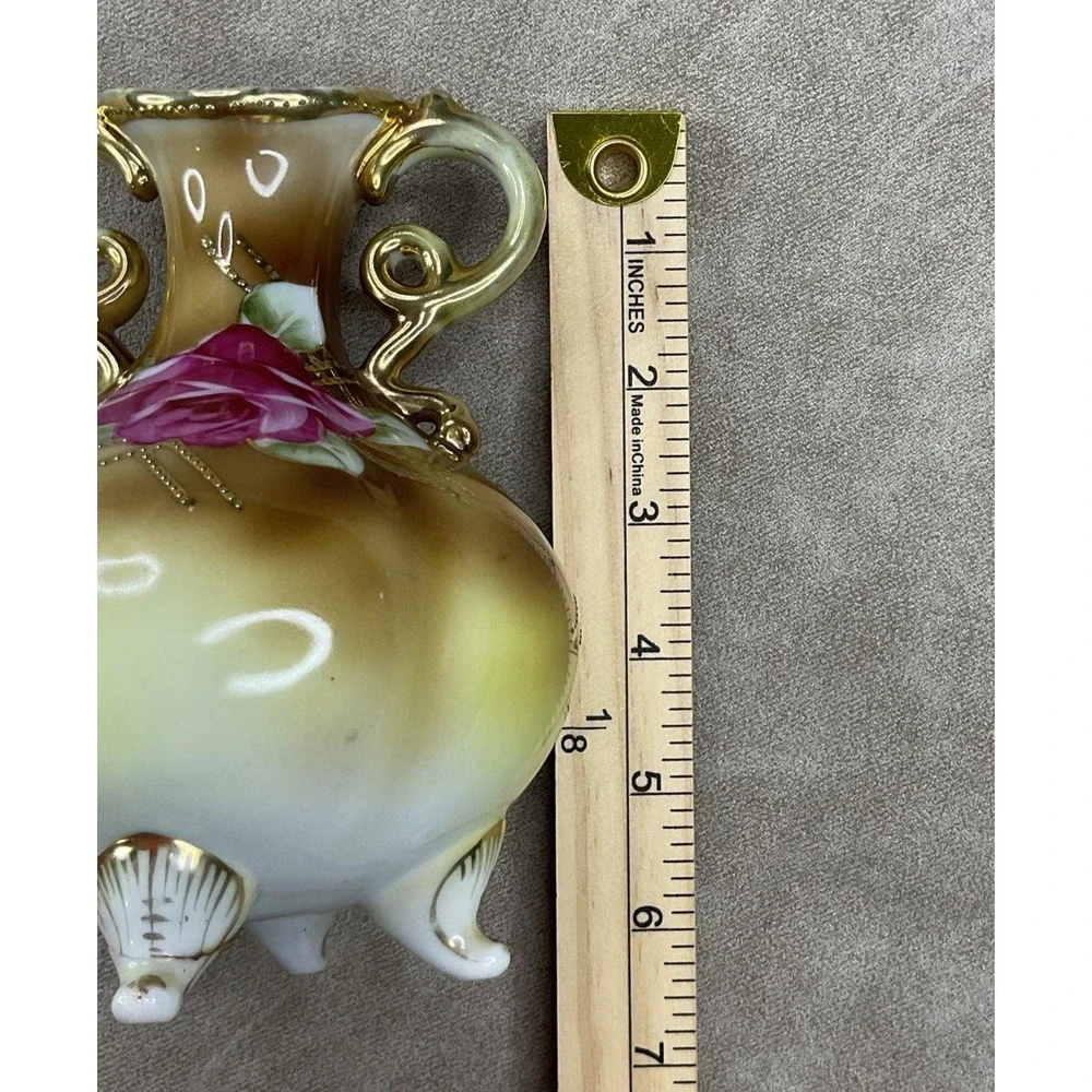 Antique Nippon Hand‎ Painted Bone China Beaded Gold Trim Two Handle Vase